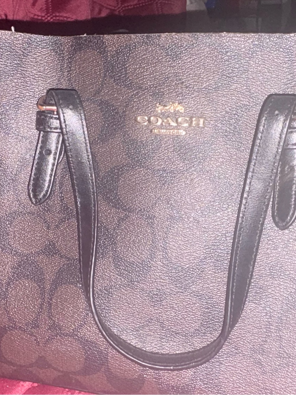 Coach Brown Signature Canvas Tote with Black Handles